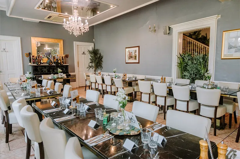 Main dining room arranged for a private event at La Vecchia Scuola in York